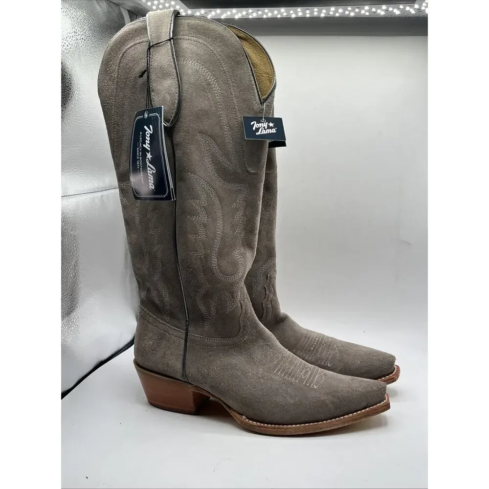 Tony Lama Ash Gray Suede Leather Western Boots women's Sz 9 B Narrow square toe